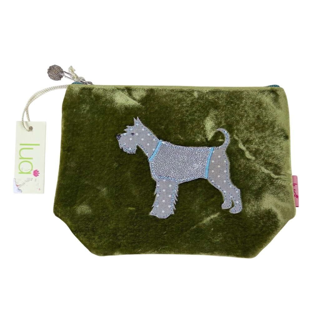NWT Lua Velvet Dog Cosmetic Bag Olive Green Silk Schnauzer Terrier Makeup Pouch